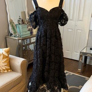 Lulus Elegant Black Lace w/ Stripes & Off-Shoulder Puff Sleeves - Dressy Size L